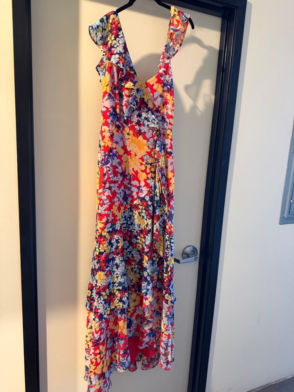 Lulu's Red Yellow Blue Floral Asymmetrical Wrap Maxi Dress